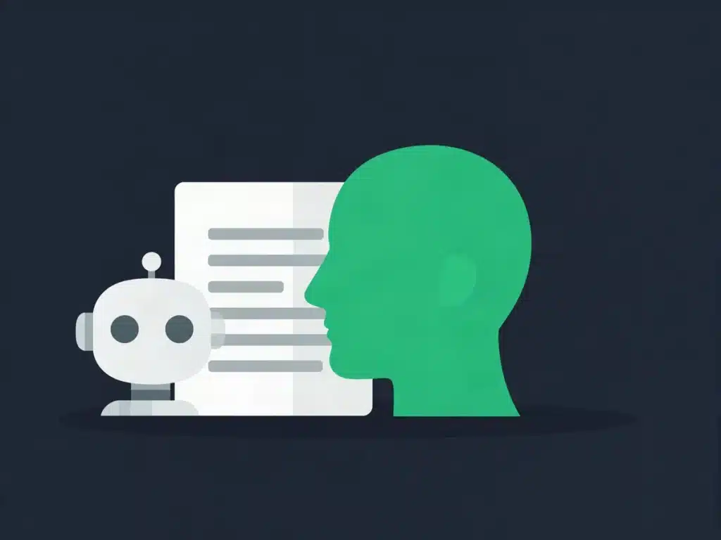 A robot and a human head either side of a document, representing AI versus human dissertation writing