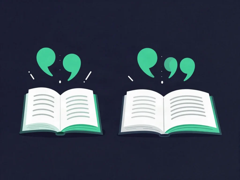 Two open books side by side with quotation marks above them, representing Harvard and APA referencing styles