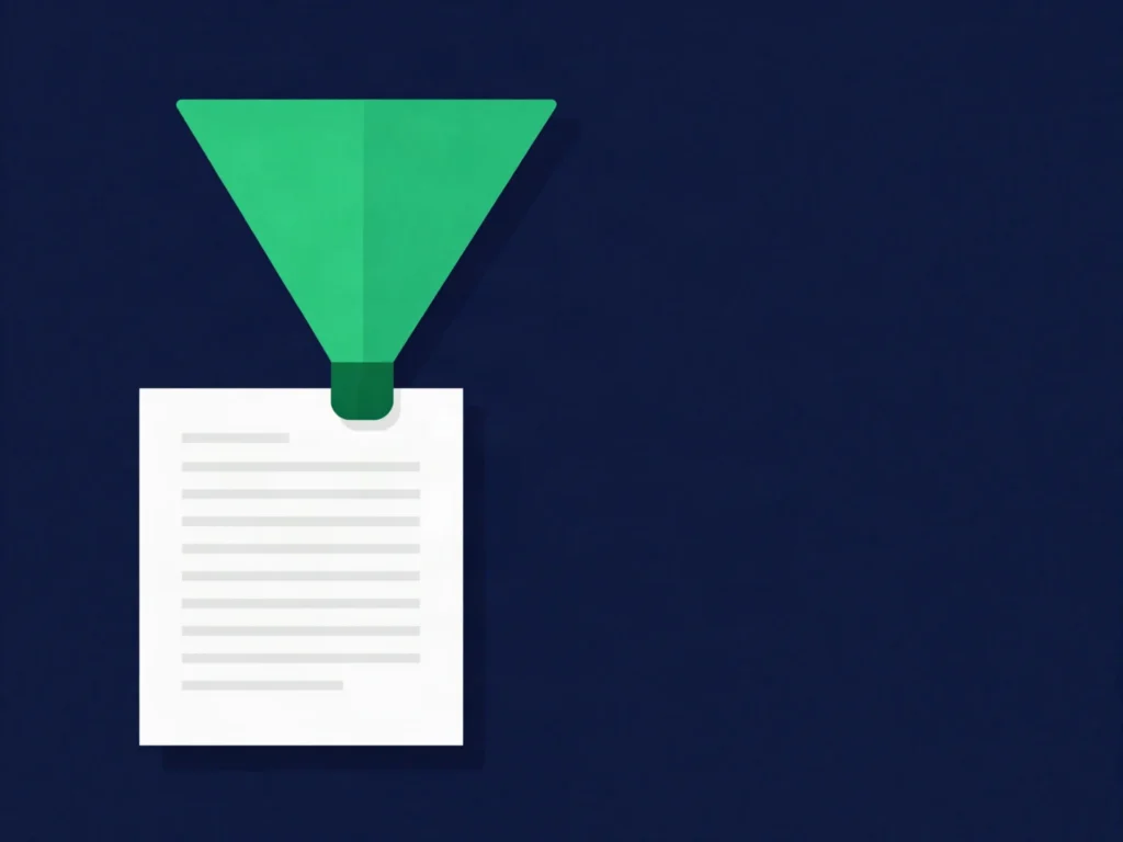 A funnel narrowing onto a document page, illustrating how a dissertation introduction narrows from broad context to one research question