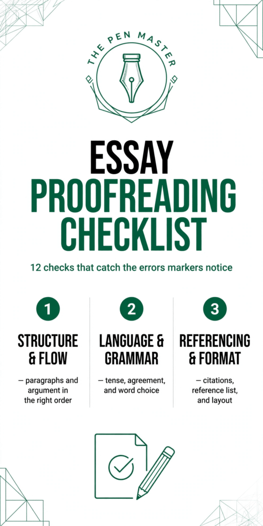 Featured graphic: essay proofreading checklist — 12 checks before you submit