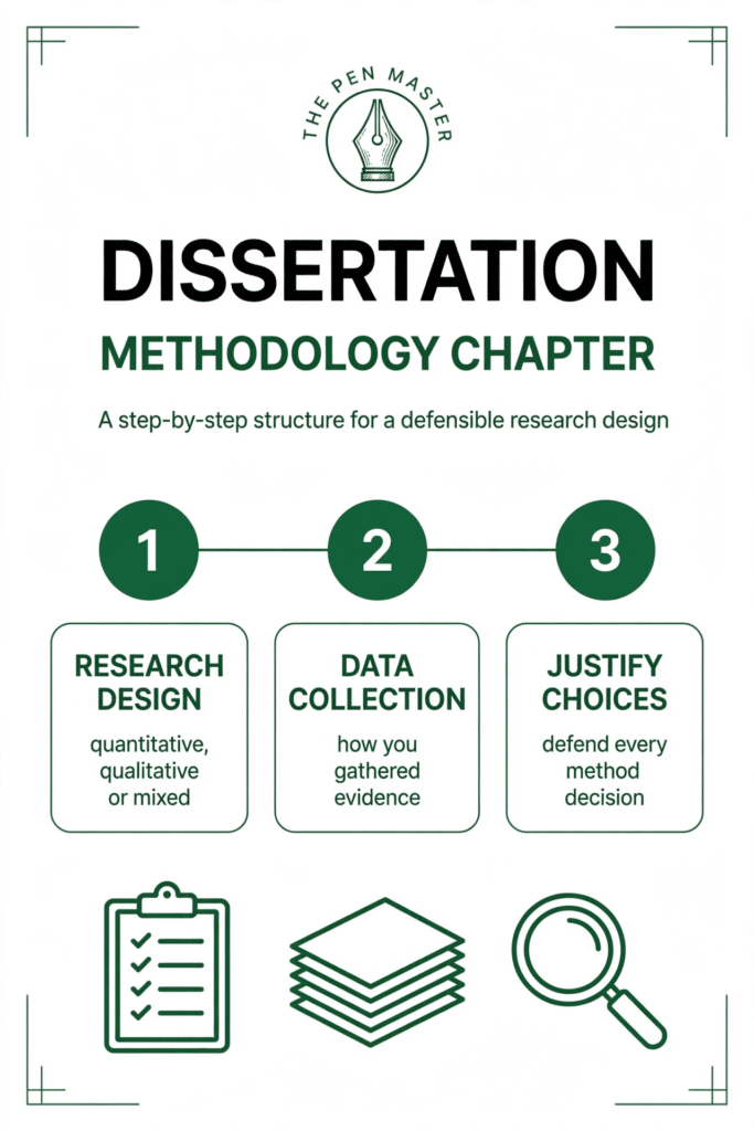 The Pen Master infographic: dissertation methodology chapter structure — research design, data collection, justify choices