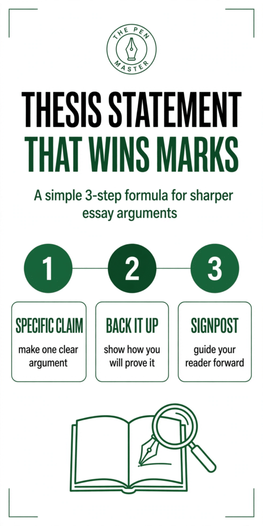 The Pen Master infographic: a three-step formula for writing a strong thesis statement — specific claim, back it up, signpost