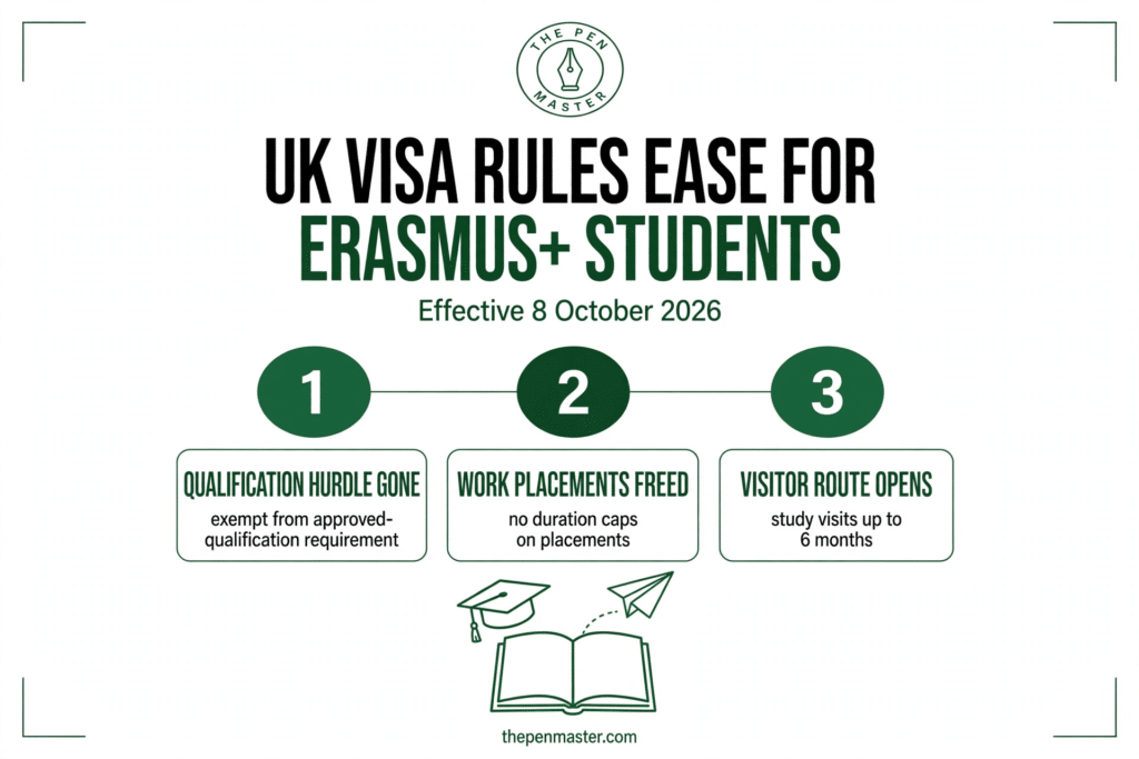 Featured graphic: UK visa rules ease for Erasmus+ students, effective 8 October 2026
