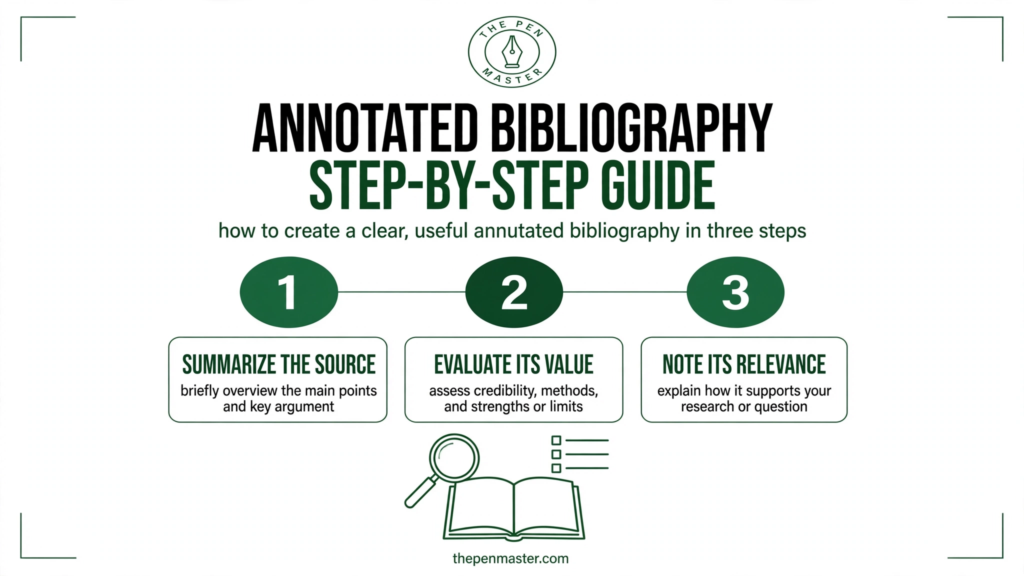 Featured graphic for 'How to Write an Annotated Bibliography: A Step-by-Step Guide with Examples' by The Pen Master