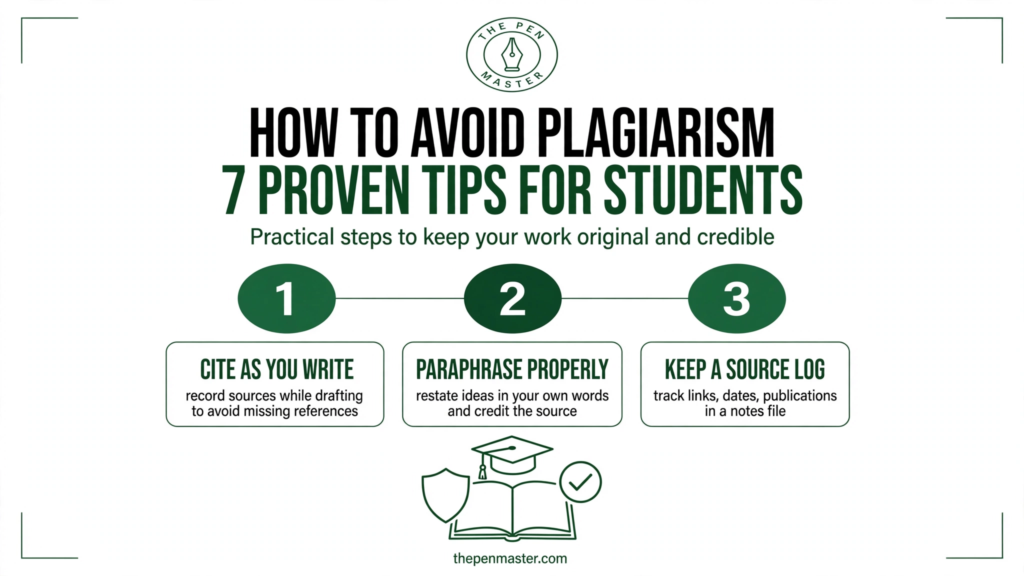 Featured graphic for 'How to Avoid Plagiarism: 7 Proven Tips for University Students' by The Pen Master