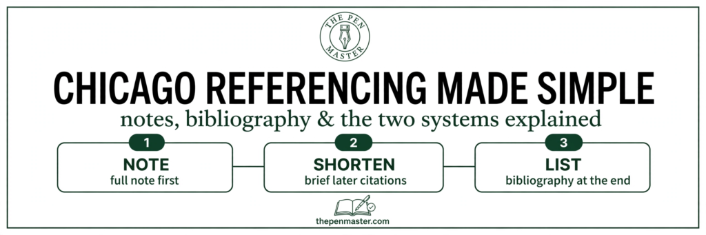 Chicago Referencing Made Simple — notes, bibliography and the two systems graphic by The Pen Master