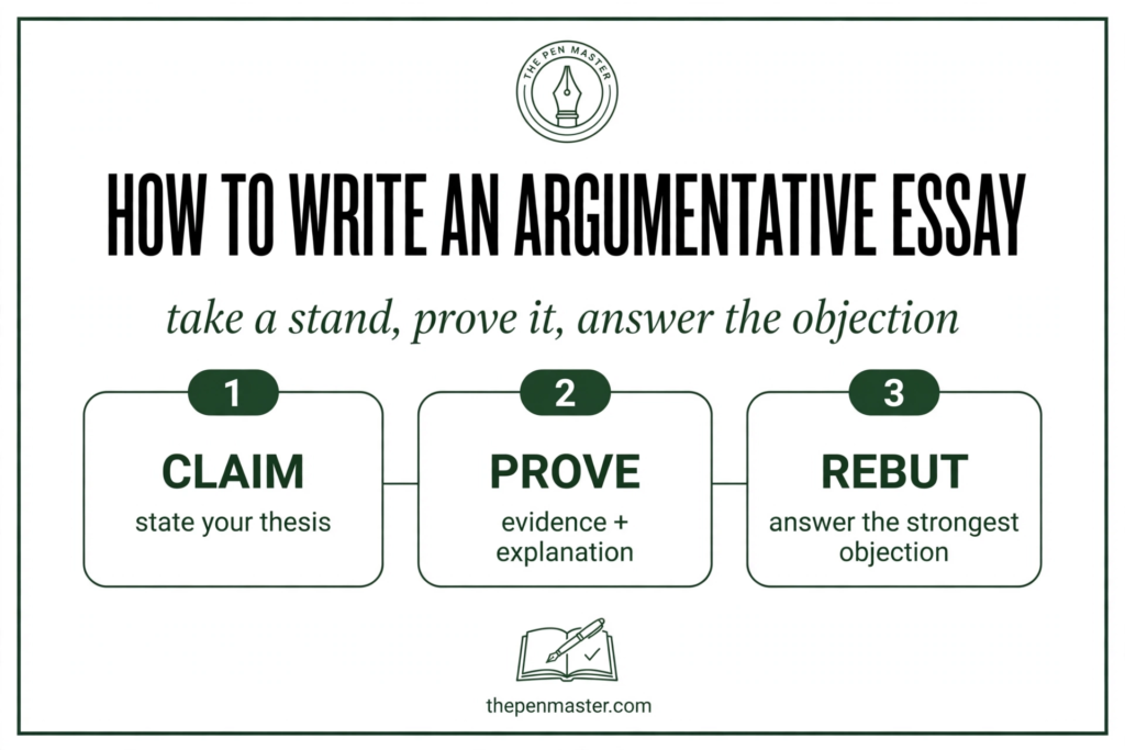 How to Write an Argumentative Essay — claim, prove, rebut graphic by The Pen Master